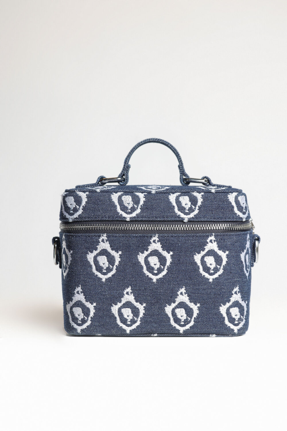 ark denim vanity bag with embroidered HOD Girl logo, featuring a strap for versatile use as a toiletry bag, cosmetic bag, or purse